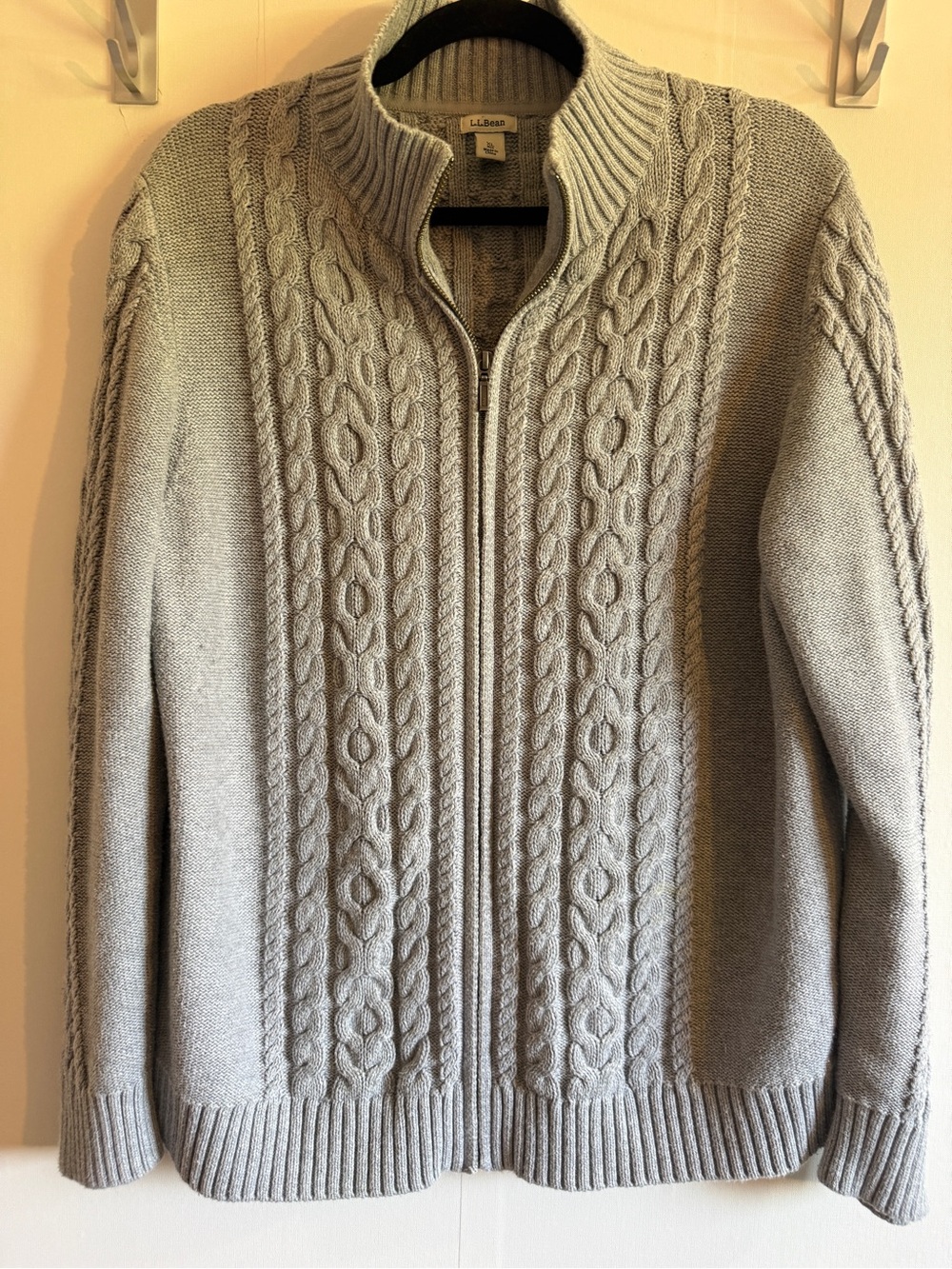 LL.Bean XL Grey Cable Knit Full Zip Cotton Sweater Cardigan Preppy Coastal